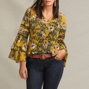 CABI yellow semi sheet floral scene blouse with ruffle sleeves size S